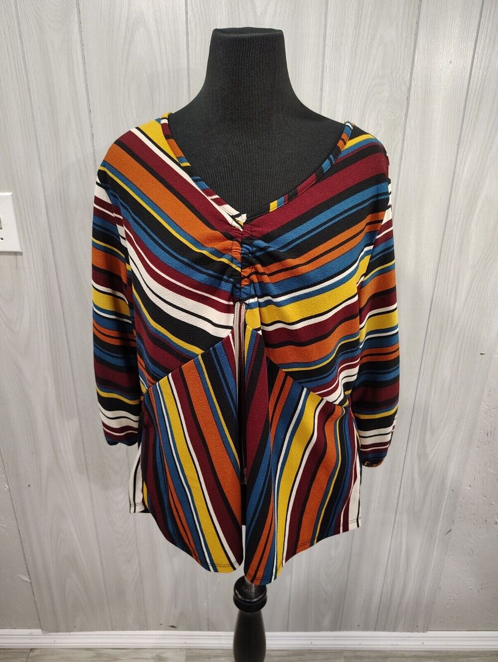 Goddess Shirt Multicolor Striped V Neck Tasseled Plus Long Sleeve Women's 1X